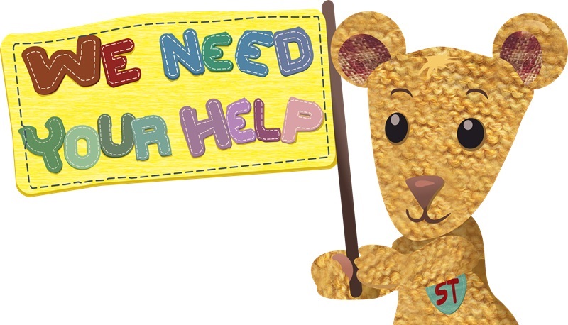 Teddy holding a help sign